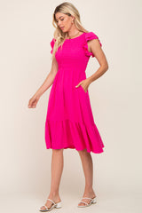 Fuchsia Smocked Layered Ruffle Flutter Sleeve Midi Dress