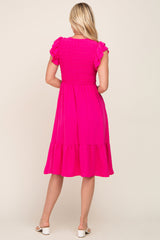 Fuchsia Smocked Layered Ruffle Flutter Sleeve Midi Dress