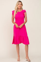 Fuchsia Smocked Layered Ruffle Flutter Sleeve Midi Dress