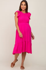 Fuchsia Smocked Layered Ruffle Flutter Sleeve Maternity Midi Dress