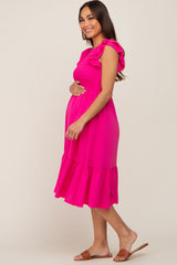 Fuchsia Smocked Layered Ruffle Flutter Sleeve Maternity Midi Dress