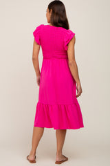 Fuchsia Smocked Layered Ruffle Flutter Sleeve Maternity Midi Dress