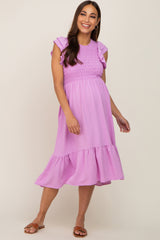 Lavender Smocked Layered Ruffle Flutter Sleeve Maternity Midi Dress