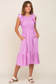 Lavender Smocked Layered Ruffle Flutter Sleeve Midi Dress