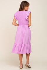 Lavender Smocked Layered Ruffle Flutter Sleeve Midi Dress