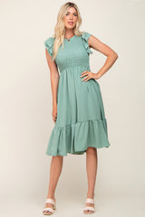 Sage Smocked Layered Ruffle Flutter Sleeve Maternity Midi Dress