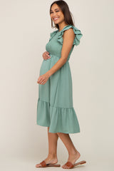 Sage Smocked Layered Ruffle Flutter Sleeve Maternity Midi Dress