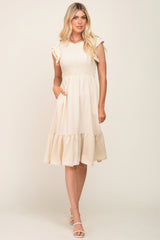 Beige Smocked Layered Ruffle Flutter Sleeve Midi Dress