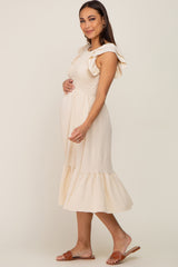 Beige Smocked Layered Ruffle Flutter Sleeve Maternity Midi Dress