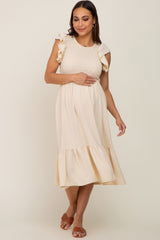 Beige Smocked Layered Ruffle Flutter Sleeve Maternity Midi Dress