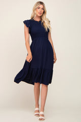 Navy Smocked Layered Ruffle Flutter Sleeve Midi Dress