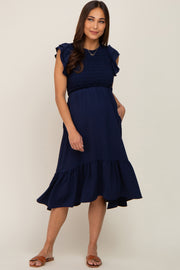 Navy Smocked Layered Ruffle Flutter Sleeve Maternity Midi Dress