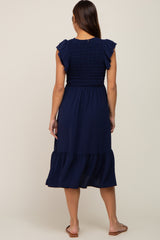 Navy Smocked Layered Ruffle Flutter Sleeve Maternity Midi Dress