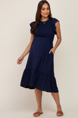 Navy Smocked Layered Ruffle Flutter Sleeve Maternity Midi Dress