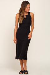 Black Sleeveless Ribbed Midi Dress