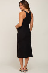 Black Sleeveless Ribbed Maternity Midi Dress