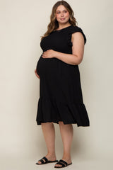 Black Smocked Layered Ruffle Flutter Sleeve Maternity Plus Midi Dress