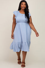 Light Blue Smocked Layered Ruffle Flutter Sleeve Plus Midi Dress