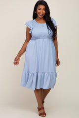 Light Blue Smocked Layered Ruffle Flutter Sleeve Plus Midi Dress