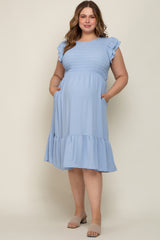 Light Blue Smocked Layered Ruffle Flutter Sleeve Maternity Plus Midi Dress