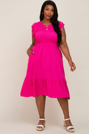 Fuchsia Smocked Layered Ruffle Flutter Sleeve Plus Midi Dress