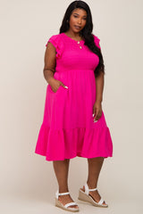 Fuchsia Smocked Layered Ruffle Flutter Sleeve Plus Midi Dress