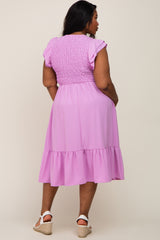 Lavender Smocked Layered Ruffle Flutter Sleeve Plus Midi Dress