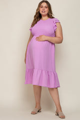 Lavender Smocked Layered Ruffle Flutter Sleeve Maternity Plus Midi Dress