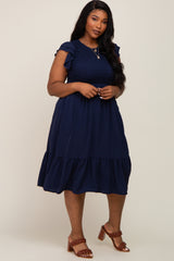 Navy Blue Smocked Layered Ruffle Flutter Sleeve Plus Midi Dress