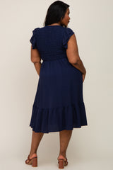 Navy Blue Smocked Layered Ruffle Flutter Sleeve Plus Midi Dress