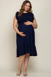 Navy Blue Smocked Layered Ruffle Flutter Sleeve Maternity Plus Midi Dress