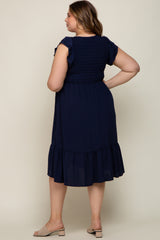 Navy Blue Smocked Layered Ruffle Flutter Sleeve Maternity Plus Midi Dress