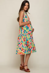 Green Floral Tiered Sleeveless Maternity Midi Dress