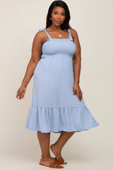 Light Blue Smocked Shoulder Tie Plus Midi Dress