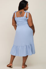 Light Blue Smocked Shoulder Tie Plus Midi Dress