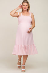 Light Pink Smocked Shoulder Tie Maternity Plus Midi Dress