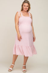 Light Pink Smocked Shoulder Tie Maternity Plus Midi Dress