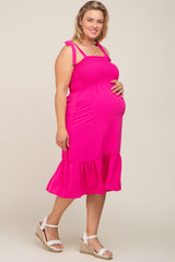 Fuchsia Smocked Shoulder Tie Maternity Plus Midi Dress