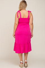 Fuchsia Smocked Shoulder Tie Maternity Plus Midi Dress