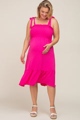 Fuchsia Smocked Shoulder Tie Maternity Plus Midi Dress