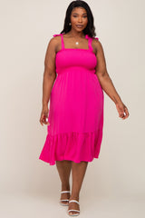 Fuchsia Smocked Shoulder Tie Maternity Plus Midi Dress