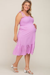 Lavender Smocked Shoulder Tie Maternity Plus Midi Dress