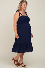 Navy Smocked Shoulder Tie Maternity Plus Midi Dress