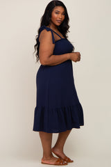 Navy Smocked Shoulder Tie Plus Midi Dress