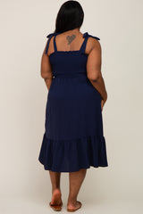 Navy Smocked Shoulder Tie Plus Midi Dress