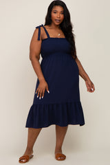 Navy Smocked Shoulder Tie Plus Midi Dress