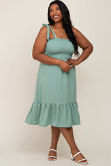 Sage Smocked Shoulder Tie Plus Midi Dress