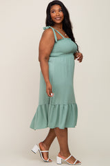 Sage Smocked Shoulder Tie Plus Midi Dress