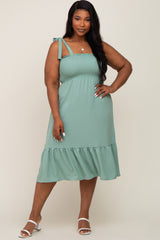 Sage Smocked Shoulder Tie Plus Midi Dress