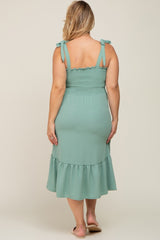 Sage Smocked Shoulder Tie Maternity Plus Midi Dress